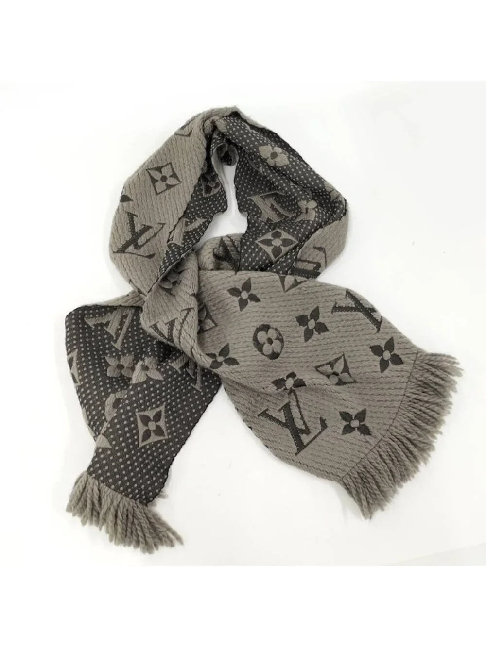 Louis Vuitton Scarf Escherve Logo Mania Wool Silk Light Gray